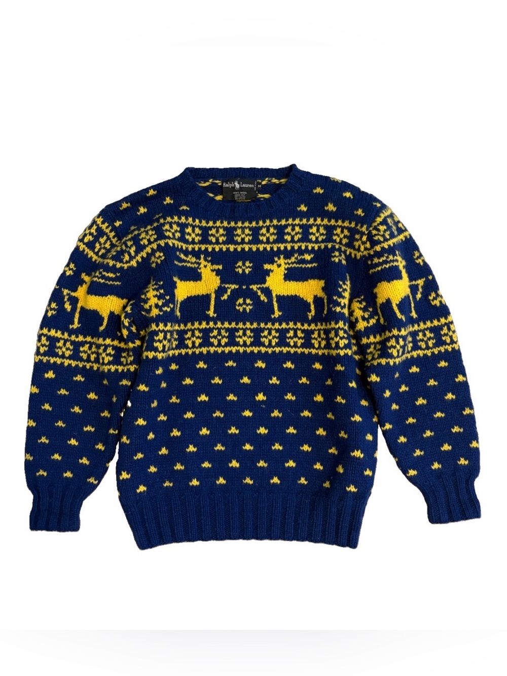 Vintage 90s Ralph Lauren Reindeer Sweater Hand Knit Wool Fair Isle Christmas M